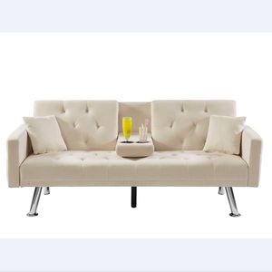 Divano Letto Convertibile in Lino Beige con Braccioli Quadrati, Portabicchieri e Due Cuscini - Product Image 5