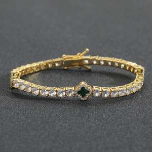 Pulsera de tenis RB Gems VVS Moissanite Clover de plata de ley 925, estilo Hip Hop, chapada en rodio, con incrustaciones de malaquita y ónix. - Product Image 2