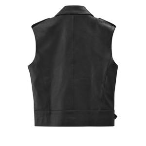 Men's Black Genuine Leather Vest Sleeveless Moto <b>Biker</b> <b>Waistcoat</b> Zip Up Turn Down Collar - Product Image 2