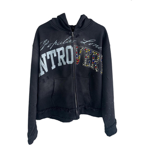 Sweat à capuche court noir Desgnr avec fermeture éclair, motif lettres en strass, coupe oversize, style streetwear unisexe, en molleton bouclette 100% coton - Product Image 4