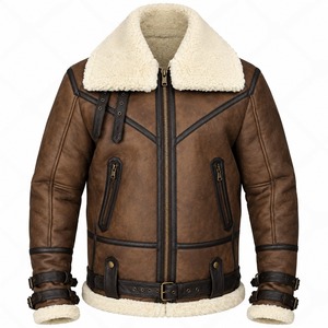Glory Zone Custom <b>Men</b>’s Vintage Brown Shearling Aviator Leather <b>Jacket</b> with Faux Fur Collar Biker <b>Flight</b> <b>Jacket</b> - Product Image 1
