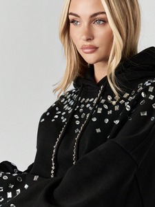 Black Sequined Bomber <b>Jacket</b> 100% Cotton Anti-Pilling Zipper Closure Loose Fit Winter Unisex with <b>Rhinestone</b> Embellishment - Product Image 2