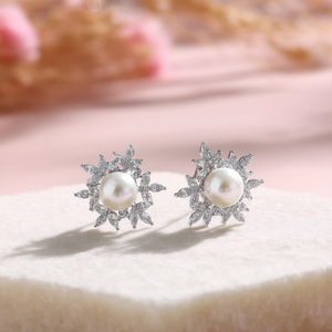 Rhodium Plated Alloy Stud Earrings with Zircon and Imitation Pearl - Product Image 3