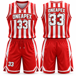 Conjunto de Uniforme de Baloncesto Personalizado con Rayas Rojas y Blancas ONEAPEX, Jersey sin Mangas y Pantalones Cortos para Hombre, Ropa Deportiva de Malla Transpirable para Equipo, Venta al Por Mayor - Product Image 1