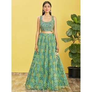 Superbe Miroir Vert de Mer Travail Organza Mariage Lehenga Choli - Product Image 5