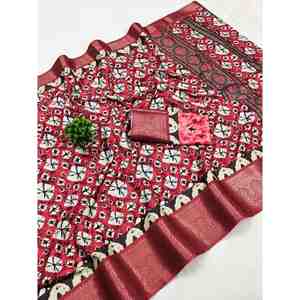 เสื้อพิมพ์ลายดิจิทัล dola Silk ใส่ทำงาน Saree กับเสื้อ Maroon - Product Image 1