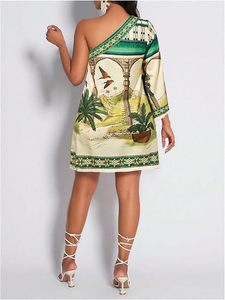 Vestido Túnica Mini Asimétrico de un Hombro para Mujer, Estilo Tropical, Manga Campana, Transpirable, Casual, Formal, para Vacaciones en la Playa, Verano - Product Image 2