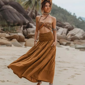 กระโปรงแม็กซี่สไตล์โบฮีเมียนสำหรับผู้หญิง ผ้าฝ้ายออร์แกนิคเนื้อผ้าก๊อซ ระบายเป็นชั้นๆ ทรงกว้างพลิ้วไหว เหมาะสำหรับวันหยุดฤดูร้อน - Product Image 1