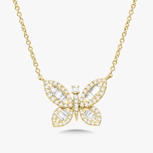 สร้อยคอจี้รูปผีเสื้อ ทองคำแท้ 14k ประดับเพชรทรงกลมและทรงบาแกตต์ เพชรเลี้ยงในห้องปฏิบัติการ ดีไซน์ซ้อนกันได้ หรูหราสำหรับทุกวัน ตัวล็อกแบบก้ามกุ้ง ขายส่ง - Product Image 1