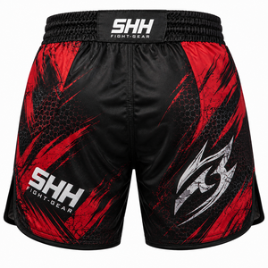 Custom Men's <b>Black</b> Red Muay Thai Boxing Shorts Abstract Slash Print Elastic Waistband Side Slits Kickboxing Training Fightwear - Product Image 2