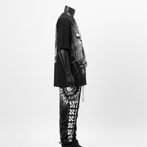 เสื้อยืดและกางเกงเซ็ตผู้ชาย ผ้าคอตตอนเจอร์ซีย์พรีเมียม 240 GSM สีดำขาว พิมพ์ลายกราฟิก สกรีนโลโก้ สตรีทแวร์ - Product Image 3