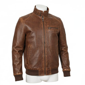 แจ็คเก็ตหนังแท้สีน้ำตาลสไตล์วินเทจ ผ้าแคนวาส ทรงสลิมฟิต สำหรับผู้ชาย สไตล์ไบค์เกอร์ บอมเบอร์  รักษ์โลก  งานปักลายสตรีทแวร์ - Product Image 3