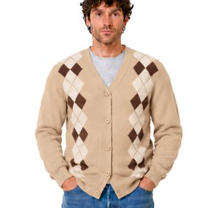 Cardigan en tricot pour homme, beige, motif argyle, col en V, 100% polyester, motif diamant, boutons sur le devant, manches longues, classique, décontracté - Product Image 1