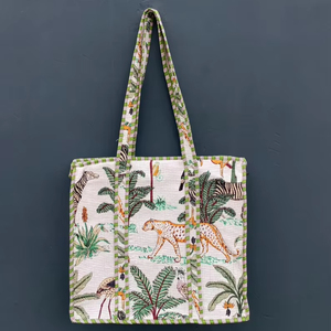Bolsa de Compras de Verano Ligera de Algodón Ecológico, Bolsa de Mano Acolchada con Estampado Artesanal, con Bolsillo Práctico y Cierre de Cremallera - Product Image 4