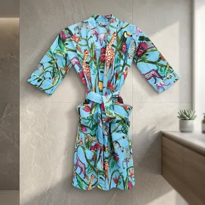 Indian Handmade Printed Cotton Kimono Soft Comfortable V-neck Drawstring Full Length Night Wear <b>Robe</b> Breathable Quick <b>Dry</b> <b>Women</b> - Product Image 3