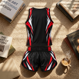 Conjunto Deportivo de Verano para Hombre, Camiseta sin Mangas y Pantalones Cortos Reversibles con Estampado Sólido en Negro y Rojo, 2 Piezas - Product Image 2