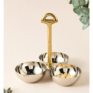 Ensemble de service à trois compartiments en acier argenté avec poignée dorée, plat à noix divisé en métal, plateau à bonbons pour restaurants - Product Image 6