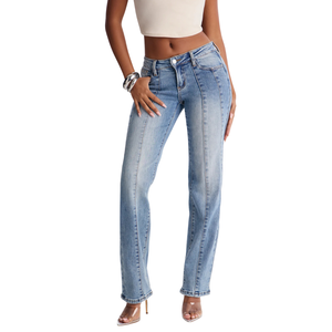 Jeans de Mezclilla para Mujer, Lavado Claro, Cintura Media, Pierna Recta, Transpirables, de Secado Rápido, Corte Regular, Estilo Vintage, para Uso Diario en Otoño - Product Image 1