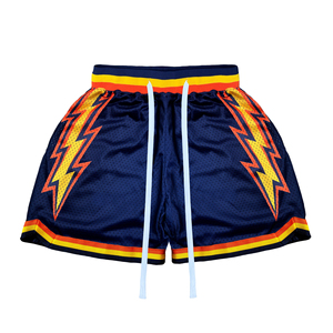 Shorts de basketball pour homme bleu marine avec cordon de serrage, motif éclair jaune-orange, maille respirante, style sportif - Product Image 1