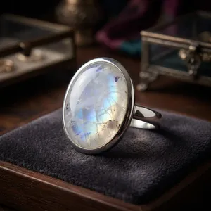 Bague Cocktail Pierre de Lune en Argent 925, Sertissage Ovale, Style Bohème Unisexe, Pierre de Naissance de Juin, Idéale pour le Quotidien, Cadeau - Product Image 2