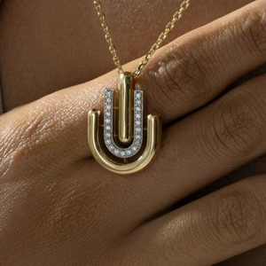 U Shape Diamond Pendant Necklace 18K Gold Plated Minimalist <b>Letter</b> Charm <b>Box</b> Chain Unisex Everyday Wear - Product Image 1