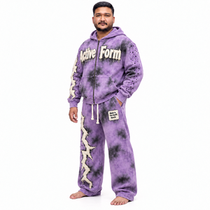 ชุดเซ็ตฮู้ดดี้ซิปเต็มตัวและกางเกงขายาวแบบยูนิเซ็กซ์ ล้างสีแบบแอซิดวอช แต่งลายปะติดแบบดิสเทรส ประดับด้วยคริสตัล สไตล์สตรีทแวร์ ผู้ผลิตขายส่ง - Product Image 2