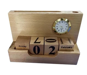 Organizador de bolígrafos de madera para tu oficina, lujoso soporte de madera para bolígrafos con calendario/reloj móvil, ideal para regalos empresariales. - Product Image 1