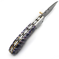 Couteau pliant en acier Damas avec manche en résine violette, couteau de poche pour la chasse, le camping et les activités de plein air, fabriqué en usine