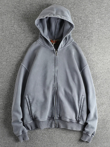 Oversized Cropped Hooded <b>Zipper</b> <b>Sweatshirt</b> Batwing Sleeve Leopard Print French Terry Unisex Autumn Gray - Product Image 5