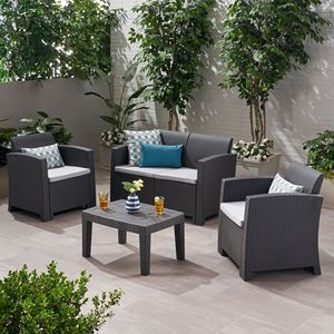 Set di Chat da esterno in finto vimini in Rattan in 4 pezzi con cuscini resistenti all'acqua disponibili in carbone/grigio chiaro - Product Image 1
