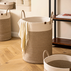 Cesta Redonda de Almacenamiento de Cuerda de Algodón con Asas, Bandeja Decorativa de Estilo Geométrico Bohemio para Dormitorio - Product Image 1