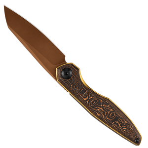 Couteaux pliants noirs et dorés avec manche à motif grain de bois, lame revêtue de bronze, clip de poche en métal, design compact pour un usage quotidien - Product Image 1