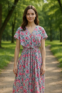 Vestido Kaftán Floral de Algodón, Hecho a Mano, con Estampado Flocado, Ecológico, Midi, Cuello en V, Informal, Apto para Embarazadas, Ropa de Estar por Casa, Regalo para Ella - Product Image 2