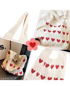 Bolso de mano de ganchillo para mujer, bolso de hombro informal con apliques de corazón rojo, uso diario, bolso reutilizable para el día de San Valentín, 100% de gran capacidad - Product Image 4