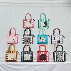 Pink <b>White</b> Diamond Pattern Leather Handbag With Cowhide Panel Zipper Closure Luxury Style - Product Image 5