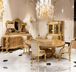 Ensemble de table à manger en teck massif doré royal de luxe, sculpté à l'ancienne, écologique, pour hôtel, villa, meubles de salle à manger - Product Image 1