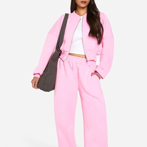 Women's <b>Pink</b> Two-Piece <b>Tracksuit</b> <b>Set</b> Crop Top With Zipper Full Sleeve Knitted Polyester Regular Fit Solid Color Casual Wear - Product Image 3