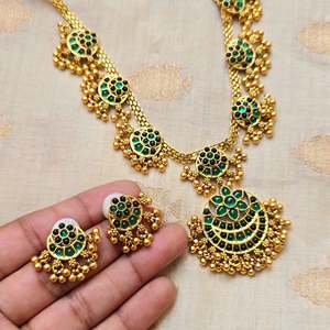 Halfmoon Green Kempu Gold-Plated Steel Designer Bridal Earring Set with Zircon - Product Image 3