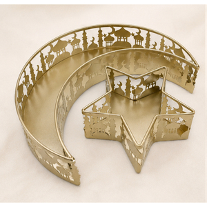Luxury <b>Gold</b> Metal Ramadan <b>Serving</b> <b>Tray</b> Set Moon Star Shaped Eid Mubarak Decoration Hollow Out Mosque Pattern Iron Art Dessert - Product Image 1
