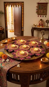 Support de bougie chauffe-plat en métal fait main, motif lotus découpé, écologique, décoration indienne Diwali pour la maison, tapis Rangoli brodé Gota Patti - Product Image 3