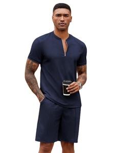 Ensemble deux pièces tricoté de haute qualité pour homme : T-shirt décontracté à col zippé et short athlétique respirant et confortable pour la course et l'entraînement estival - Product Image 1