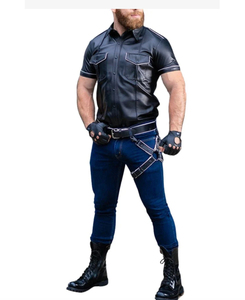 Wholesale Price Men's Faux Leather <b>T</b> <b>Shirt</b> with Chest <b>Pockets</b> Slim Fit Stand Collar Fashion Apparel OEM Service Plain Dyed - Product Image 6