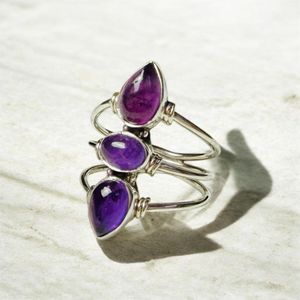 Bague en argent sterling 925 avec améthyste naturelle, faite à la main, trois pierres, ajustable, pour femme, vente en gros de bijoux - Product Image 1