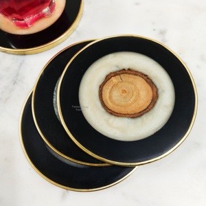 Handcrafted Natural Look Modern Design Rustic Wood Resin Eco-Friendly <b>White</b> <b>Coaster</b> Brass Framing 100mm Diameter 8mm Thick - Product Image 5