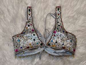 Blusa Corta sin Mangas de Satén de Seda 100% Gris Plateado Multicolor, Top de Novia Tejido para Boda, Estilo Saree, Escote Corazón, Invierno Otoño - Product Image 2