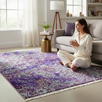 Tapis moderne vintage en laine noué à la main, motif floral vieilli, violet royal et turquoise ardoise brillant, à poils ras, avec franges, pour la maison
