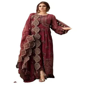 Robe Anarkali longue en mousseline de soie marron brodée, avec manches chauve-souris, col rond, style bohème, coupe trapèze - Product Image 1
