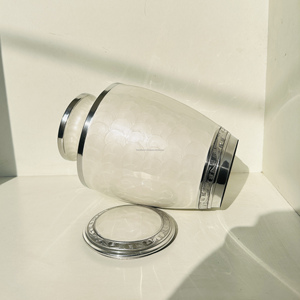 Urne funéraire en aluminium pour cendres humaines avec finition Meena blanc nacré, avec gravure personnalisée, urne funéraire pour cendres d'animaux de compagnie - Product Image 2