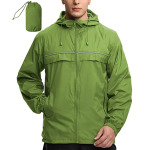 Men's Green Hooded Windproof Rain Jacket With Zipper Closure And Pockets Casual Spring Outdoor Wear Lightweight Polyester Coat - Product Image 1