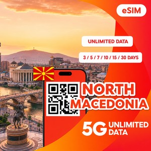eSIM de voyage pour la Macédoine du Nord, données illimitées, internet mobile 4G/5G, code QR pour 3/5/7/10/15/30 jours - Product Image 1